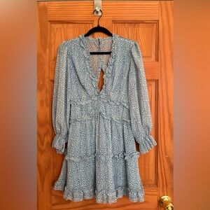 Blue and White Cheetah Print Ruffle Dress